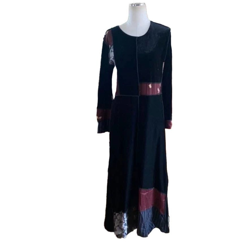 Vintage Black Boho Velvet Patch Dress